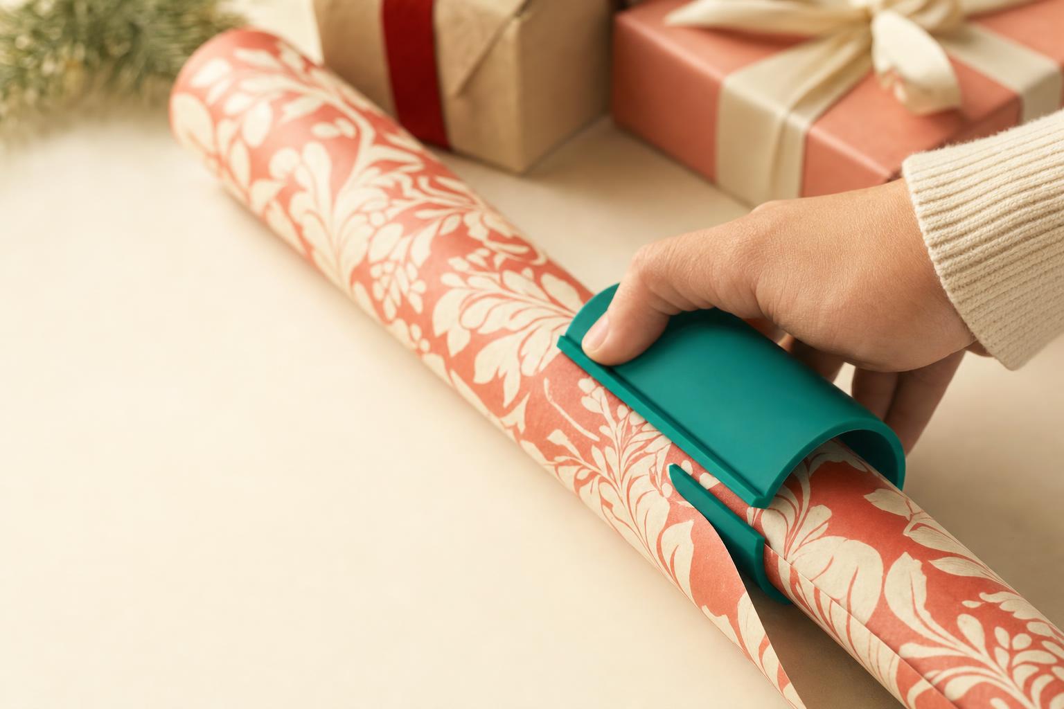 Cortador de papel de regalo deslizándose sobre un rollo
